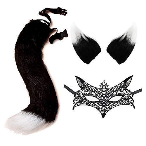 DRESHOW Kunstpelz Wolf Fuchs Schwanz Ohren Haarreif und Spitze Maske Set für Damen Cosplay Kostüm Halloween Weihnachten Fancy Party Verkleidung Tierkostüm Bühnenkostüm von DRESHOW
