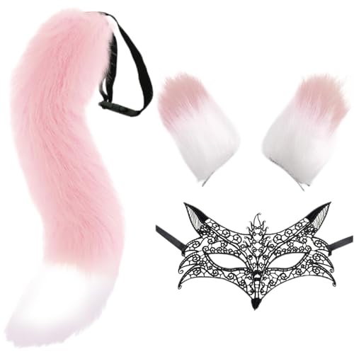 DRESHOW Kunstpelz Wolf Fuchs Schwanz Ohren Haarreif und Spitze Maske Set für Damen Cosplay Kostüm Halloween Weihnachten Fancy Party Verkleidung Tierkostüm Bühnenkostüm von DRESHOW