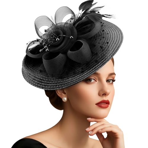 DRESHOW Mesh Damen Blume mit Perle Feder Fascinators Hut auf Einem Stirnband und Einem Gegabelten Clip Cocktail Tea Party Kopfbedeckung für Mädchen & Frauen Noble Kentucky Hut von DRESHOW