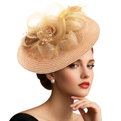 DRESHOW Mesh Damen Blume mit Perle Feder Fascinators Hut auf Einem Stirnband und Einem Gegabelten Clip Cocktail Tea Party Kopfbedeckung für Mädchen & Frauen Noble Kentucky Hut von DRESHOW