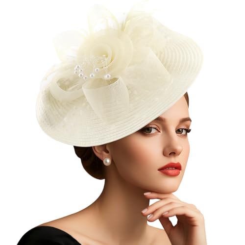 DRESHOW Mesh Damen Blume mit Perle Feder Fascinators Hut auf Einem Stirnband und Einem Gegabelten Clip Cocktail Tea Party Kopfbedeckung für Mädchen & Frauen Noble Kentucky Hut von DRESHOW