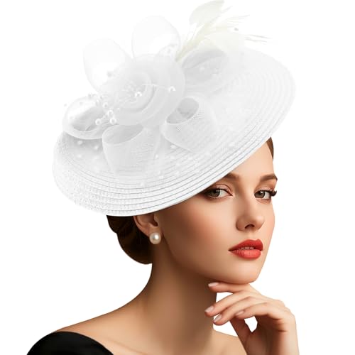 DRESHOW Mesh Damen Blume mit Perle Feder Fascinators Hut auf Einem Stirnband und Einem Gegabelten Clip Cocktail Tea Party Kopfbedeckung für Mädchen & Frauen Noble Kentucky Hut von DRESHOW