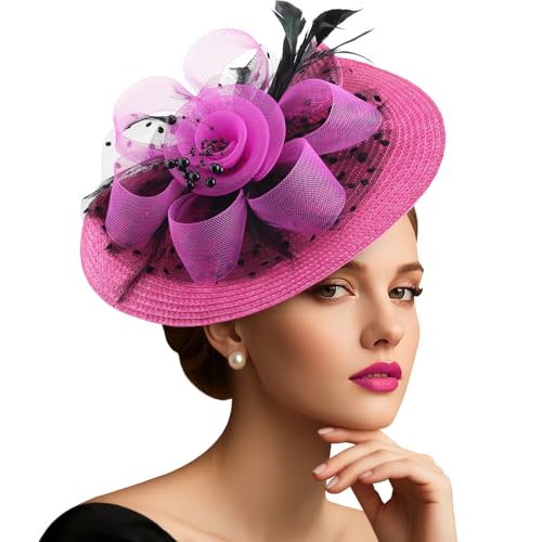 DRESHOW Mesh Damen Blume mit Perle Feder Fascinators Hut auf Einem Stirnband und Einem Gegabelten Clip Cocktail Tea Party Kopfbedeckung für Mädchen & Frauen Noble Kentucky Hut von DRESHOW