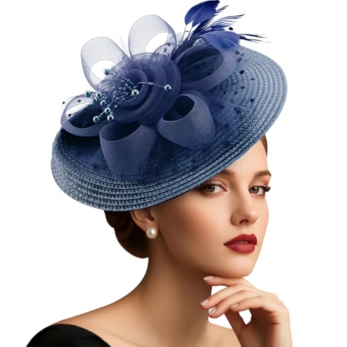 DRESHOW Mesh Damen Blume mit Perle Feder Fascinators Hut auf Einem Stirnband und Einem Gegabelten Clip Cocktail Tea Party Kopfbedeckung für Mädchen & Frauen Noble Kentucky Hut von DRESHOW