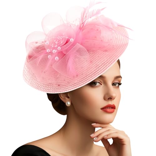 DRESHOW Mesh Damen Blume mit Perle Feder Fascinators Hut auf Einem Stirnband und Einem Gegabelten Clip Cocktail Tea Party Kopfbedeckung für Mädchen & Frauen Noble Kentucky Hut von DRESHOW