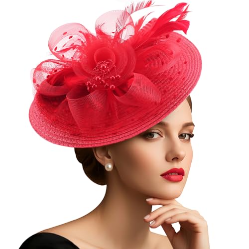 DRESHOW Mesh Damen Blume mit Perle Feder Fascinators Hut auf Einem Stirnband und Einem Gegabelten Clip Cocktail Tea Party Kopfbedeckung für Mädchen & Frauen Noble Kentucky Hut von DRESHOW