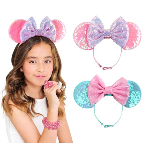DRESHOW Minnie Ohren Stirnbänder Mäuseohren Paillettenbogen Stirnbänder Elastisch Verstellbar Stirnband Glitzer Party Dekoration Cosplay Kostüm für Damen von DRESHOW