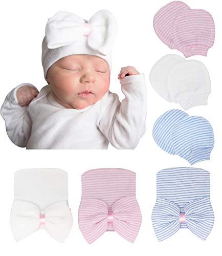 DRESHOW Neugeborene Baby Mütze Fäustlinge Krankenhaus Hut Beanie Säuglingshüte mit Schleife Baby Handschuhe for 0-3 Monate von DRESHOW