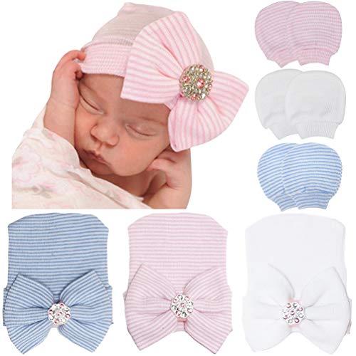 DRESHOW Neugeborene Baby Mütze Fäustlinge Krankenhaus Hut Beanie Säuglingshüte mit Schleife Baby Handschuhe for 0-3 Monate von DRESHOW