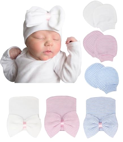 DRESHOW Neugeborene Baby Mütze Fäustlinge Krankenhaus Hut Beanie Säuglingshüte mit Schleife Baby Handschuhe for 0-3 Monate von DRESHOW