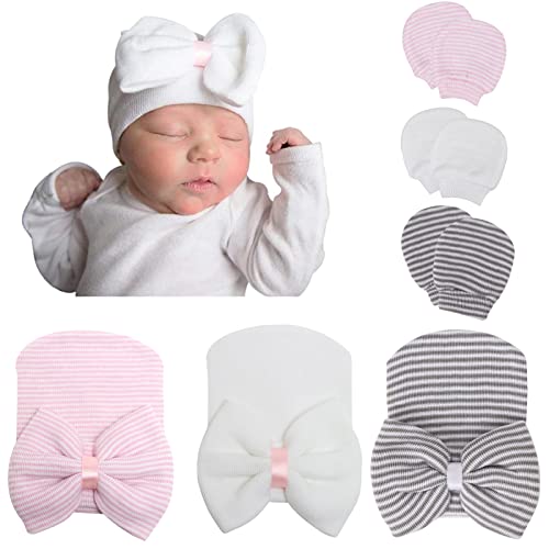 DRESHOW Neugeborene Baby Mütze Fäustlinge Krankenhaus Hut Beanie Säuglingshüte mit Schleife Baby Handschuhe for 0-3 Monate von DRESHOW