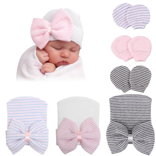 DRESHOW Neugeborene Baby Mütze Fäustlinge Krankenhaus Hut Beanie Säuglingshüte mit Schleife Baby Handschuhe for 0-3 Monate von DRESHOW