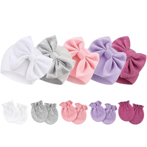 DRESHOW Neugeborene Baby Mütze Fäustlinge Krankenhaus Hut Beanie Säuglingshüte mit Schleife Baby Handschuhe for 0-6 Monate von DRESHOW