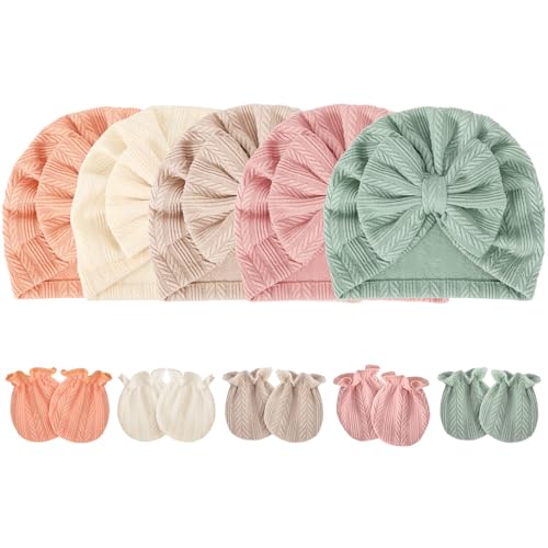 DRESHOW Neugeborene Baby Mütze Fäustlinge Krankenhaus Hut Beanie Säuglingshüte mit Schleife Baby Handschuhe for 0-6 Monate von DRESHOW