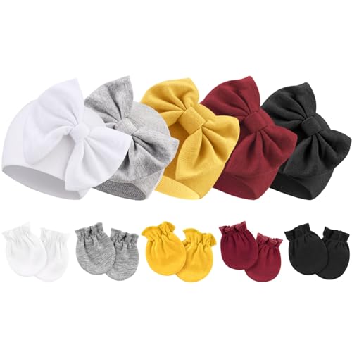 DRESHOW Neugeborene Baby Mütze Fäustlinge Krankenhaus Hut Beanie Säuglingshüte mit Schleife Baby Handschuhe for 0-6 Monate von DRESHOW