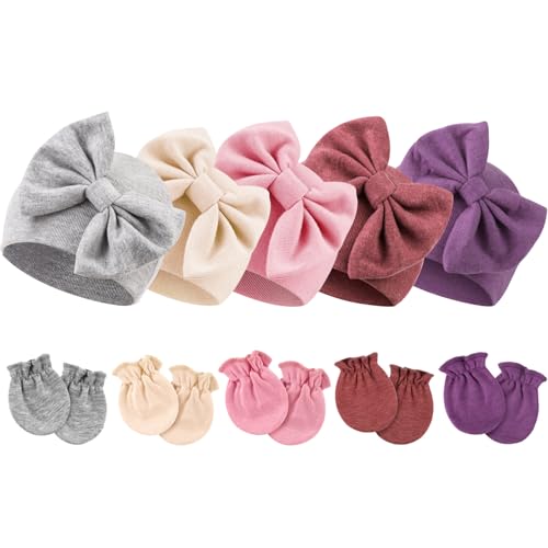 DRESHOW Neugeborene Baby Mütze Fäustlinge Krankenhaus Hut Beanie Säuglingshüte mit Schleife Baby Handschuhe for 0-6 Monate von DRESHOW