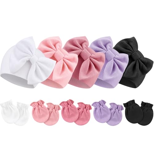 DRESHOW Neugeborene Baby Mütze Fäustlinge Krankenhaus Hut Beanie Säuglingshüte mit Schleife Baby Handschuhe for 0-6 Monate von DRESHOW