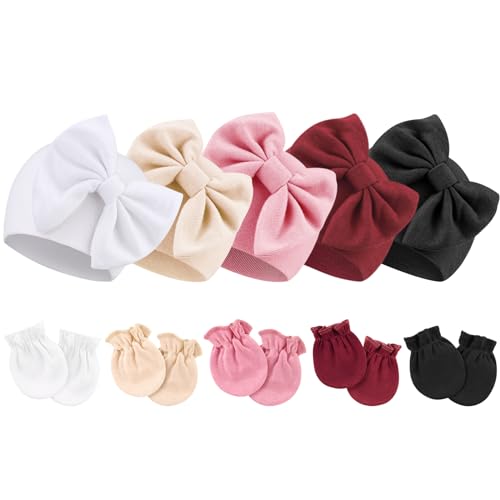 DRESHOW Neugeborene Baby Mütze Fäustlinge Krankenhaus Hut Beanie Säuglingshüte mit Schleife Baby Handschuhe for 0-6 Monate von DRESHOW
