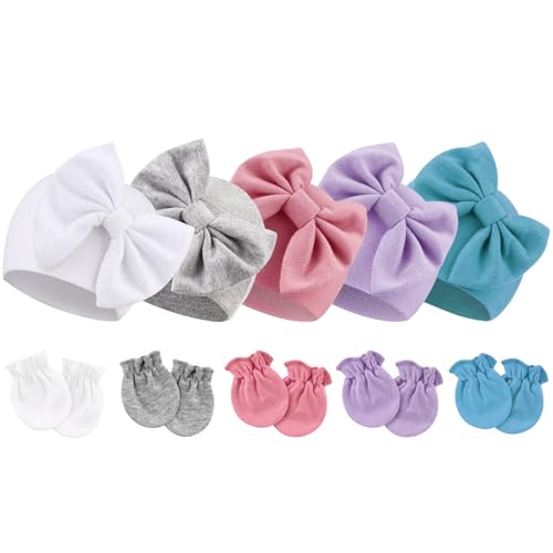 DRESHOW Neugeborene Baby Mütze Fäustlinge Krankenhaus Hut Beanie Säuglingshüte mit Schleife Baby Handschuhe for 0-6 Monate von DRESHOW