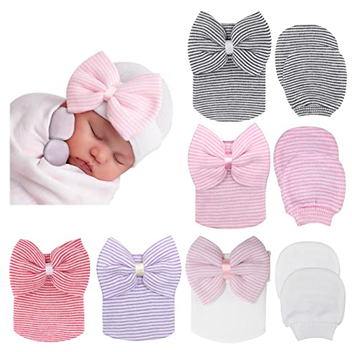 DRESHOW Neugeborene Baby Mütze Fäustlinge Krankenhaus Hut Beanie Säuglingshüte mit Schleife Baby Handschuhe von DRESHOW