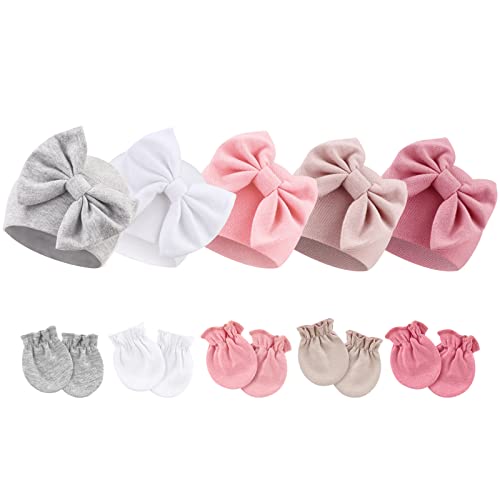 DRESHOW Neugeborene Baby Mütze Fäustlinge Krankenhaus Hut Beanie Säuglingshüte mit Schleife Baby Handschuhe for 0-6 Monate von DRESHOW