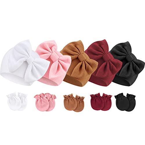 DRESHOW Neugeborene Baby Mütze Fäustlinge Krankenhaus Hut Beanie Säuglingshüte mit Schleife Baby Handschuhe for 0-6 Monate von DRESHOW