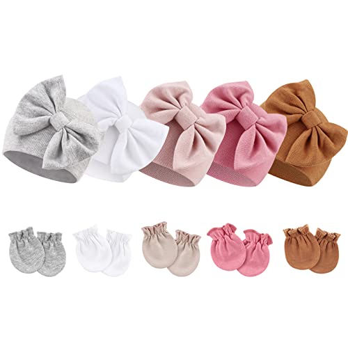 DRESHOW Neugeborene Baby Mütze Fäustlinge Krankenhaus Hut Beanie Säuglingshüte mit Schleife Baby Handschuhe for 0-6 Monate von DRESHOW