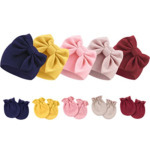 DRESHOW Neugeborene Baby Mütze Fäustlinge Krankenhaus Hut Beanie Säuglingshüte mit Schleife Baby Handschuhe for 0-6 Monate von DRESHOW