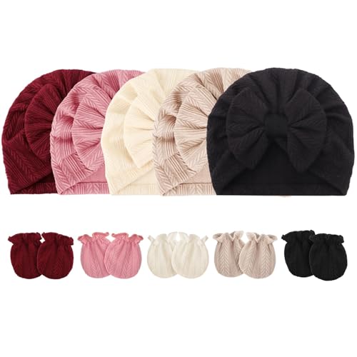 DRESHOW Neugeborene Baby Mütze Fäustlinge Krankenhaus Hut Beanie Säuglingshüte mit Schleife Baby Handschuhe von DRESHOW