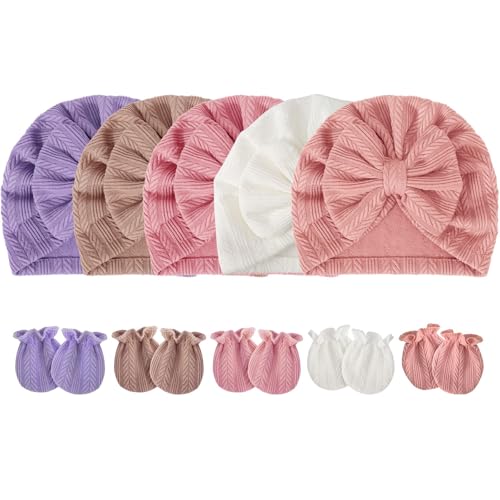 DRESHOW Neugeborene Baby Mütze Fäustlinge Krankenhaus Hut Beanie Säuglingshüte mit Schleife Baby Handschuhe von DRESHOW