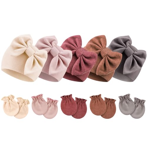 DRESHOW Neugeborene Baby Mütze Fäustlinge Krankenhaus Hut Beanie Säuglingshüte mit Schleife Baby Handschuhe for 0-6 Monate von DRESHOW