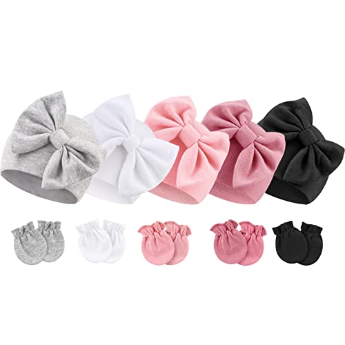 DRESHOW Neugeborene Baby Mütze Fäustlinge Krankenhaus Hut Beanie Säuglingshüte mit Schleife Baby Handschuhe for 0-6 Monate von DRESHOW