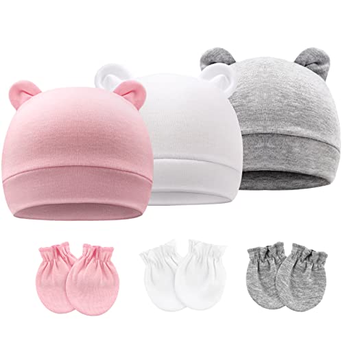 DRESHOW Neugeborene Babymützen Fäustlinge Set Krankenhausmütze Beanie Bärenohren Säuglingsmützen Baby Baumwollhandschuhe Kratzfreie Fäustlinge für 0-6 Monate von DRESHOW