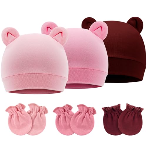 DRESHOW Neugeborene Babymützen Fäustlinge Set Krankenhausmütze Beanie Bärenohren Säuglingsmützen Baby Baumwollhandschuhe Kratzfreie Fäustlinge für 0-6 Monate von DRESHOW