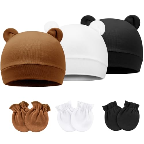 DRESHOW Neugeborene Babymützen Fäustlinge Set Krankenhausmütze Beanie Bärenohren Säuglingsmützen Baby Baumwollhandschuhe Kratzfreie Fäustlinge für 0-6 Monate von DRESHOW