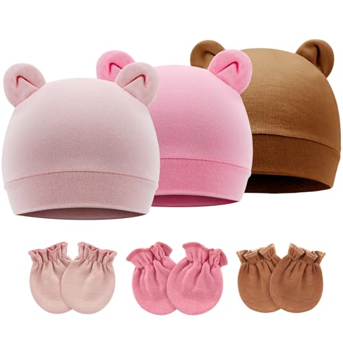 DRESHOW Neugeborene Babymützen Fäustlinge Set Krankenhausmütze Beanie Bärenohren Säuglingsmützen Baby Baumwollhandschuhe Kratzfreie Fäustlinge für 0-6 Monate von DRESHOW