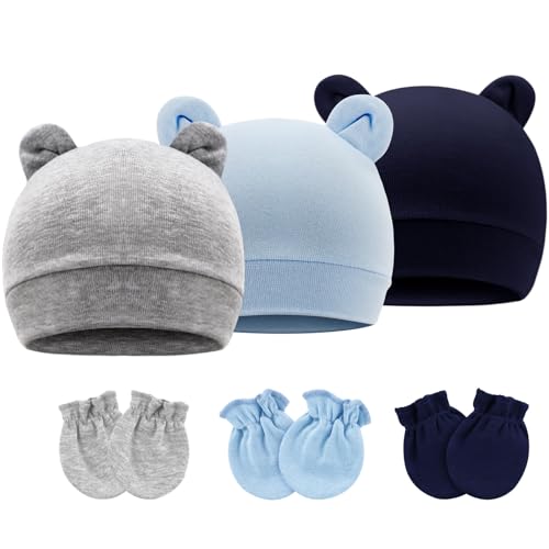 DRESHOW Neugeborene Babymützen Fäustlinge Set Krankenhausmütze Beanie Bärenohren Säuglingsmützen Baby Baumwollhandschuhe Kratzfreie Fäustlinge für 0-6 Monate von DRESHOW