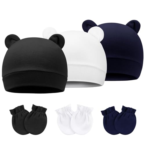DRESHOW Neugeborene Babymützen Fäustlinge Set Krankenhausmütze Beanie Bärenohren Säuglingsmützen Baby Baumwollhandschuhe Kratzfreie Fäustlinge für 0-6 Monate von DRESHOW