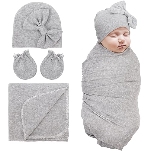 DRESHOW Neugeborene Empfangsdecken Baumwolle Warm Schlafsack mit Fäustlingen & Bogen Hüte Krankenhaus Baby Swaddling von DRESHOW
