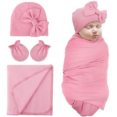 DRESHOW Neugeborene Empfangsdecken Baumwolle Warm Schlafsack mit Fäustlingen & Bogen Hüte Krankenhaus Baby Swaddling von DRESHOW