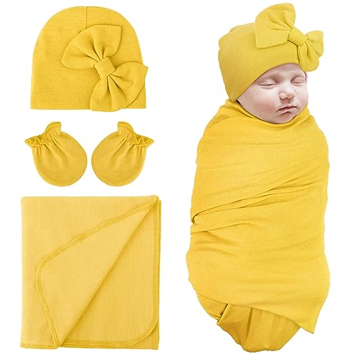DRESHOW Baby Pucktuch Baby Decke Neugeborenen Swaddle Pucksack mit Baby Fäustlingen Bogen Mütze von DRESHOW