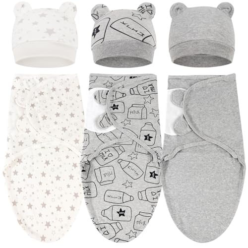 DRESHOW Neugeborene Swaddle Decke Hut Set Baby Gedruckt Swaddles Säugling Einstellbar Schlafsack für 0-3 Monate Mädchen Jungen von DRESHOW