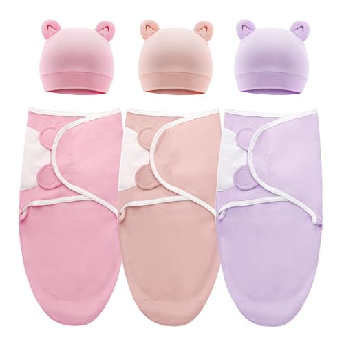 DRESHOW Neugeborene Swaddle Decke Hut Set Baby Swaddles Säugling Einstellbar Schlafsack für 0-3 Monate Mädchen Jungen von DRESHOW