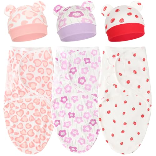 DRESHOW Neugeborene Swaddle Decke Hut Set Baby Swaddles Säugling Einstellbar Schlafsack für 0-3 Monate Mädchen Jungen von DRESHOW