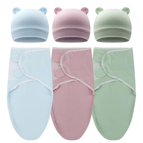 DRESHOW Neugeborene Swaddle Decke Hut Set Baby Swaddles Säugling Einstellbar Schlafsack für 0-3 Monate Mädchen Jungen von DRESHOW
