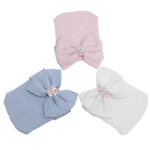 DRESHOW Neugeborenen Krankenhaus Hut Infant Baby Hut Mütze Mit Großen Bogen Weichen Niedlichen Knot Kindergarten Mütze, Blue Pink White (3 Pack), Einheitsgröße von DRESHOW