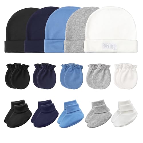 DRESHOW Neugeborenes Baby Mütze Fäustlinge Socken Set Säugling Baumwolle Beanie Handschuhe Keine Kratzer Dicke Warme Socken Baby Jungen Mädchen 0-6 Monate von DRESHOW