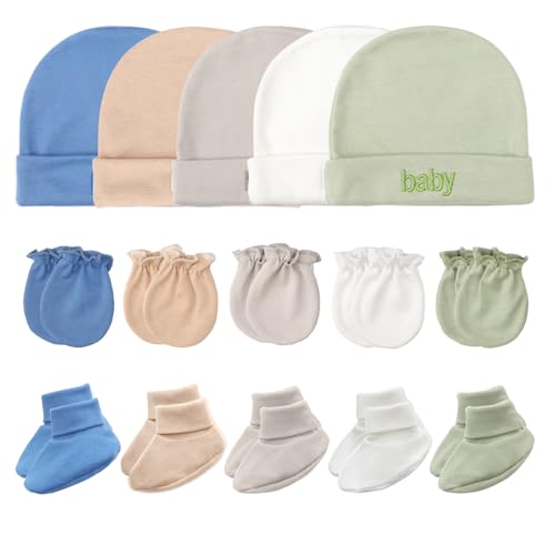 DRESHOW Neugeborenes Baby Mütze Fäustlinge Socken Set Säugling Baumwolle Beanie Handschuhe Keine Kratzer Dicke Warme Socken Baby Jungen Mädchen 0-6 Monate von DRESHOW