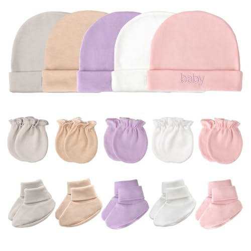 DRESHOW Neugeborenes Baby Mütze Fäustlinge Socken Set Säugling Baumwolle Beanie Handschuhe Keine Kratzer Dicke Warme Socken Baby Jungen Mädchen 0-6 Monate von DRESHOW