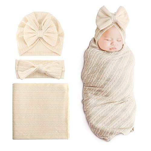DRESHOW Neugeborenes Empfangsdecke Kleinkind Warm für Mädchen mit Passender Bogen Hut und Bogen Stirnband von DRESHOW